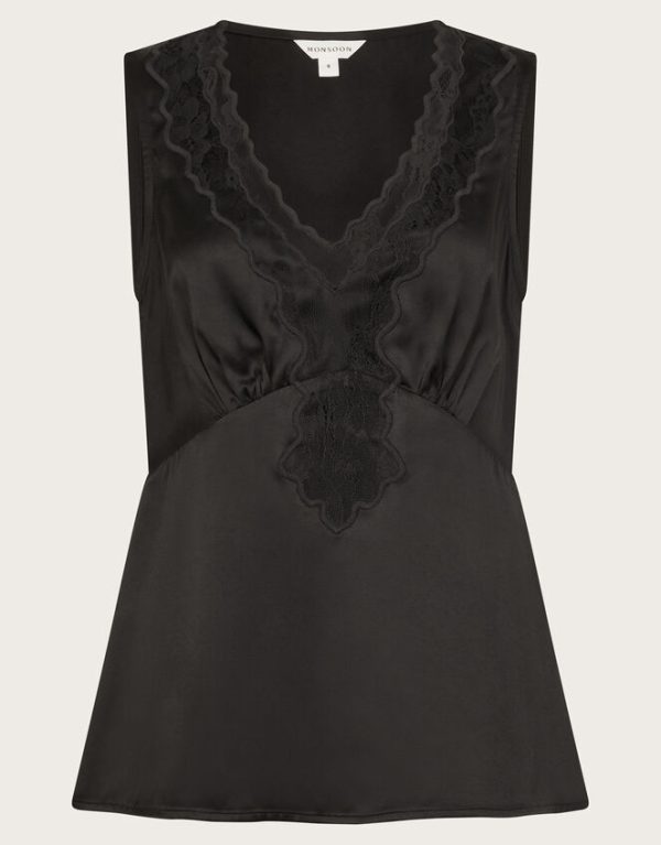 Monsoon Carly Satin Lace Cami Top Black - Image 6