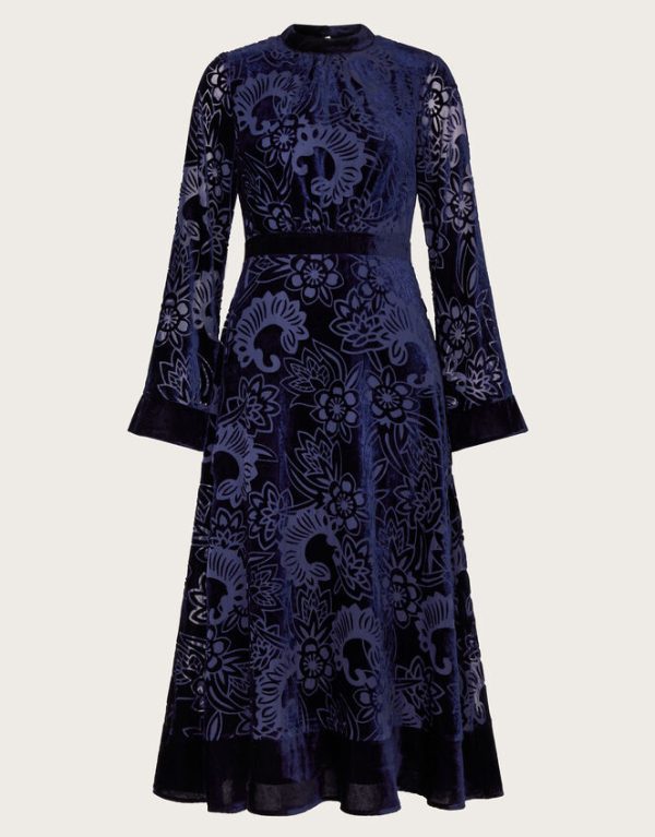 Monsoon Eva Floral Velvet Midi Dress Blue - Image 5