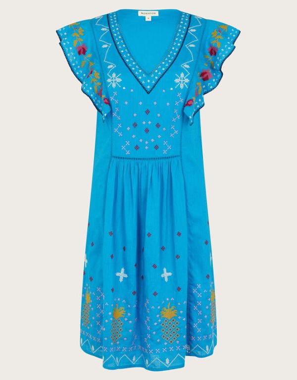 Monsoon Prue Embroidered Ruffle Mini Dress Blue - Image 5