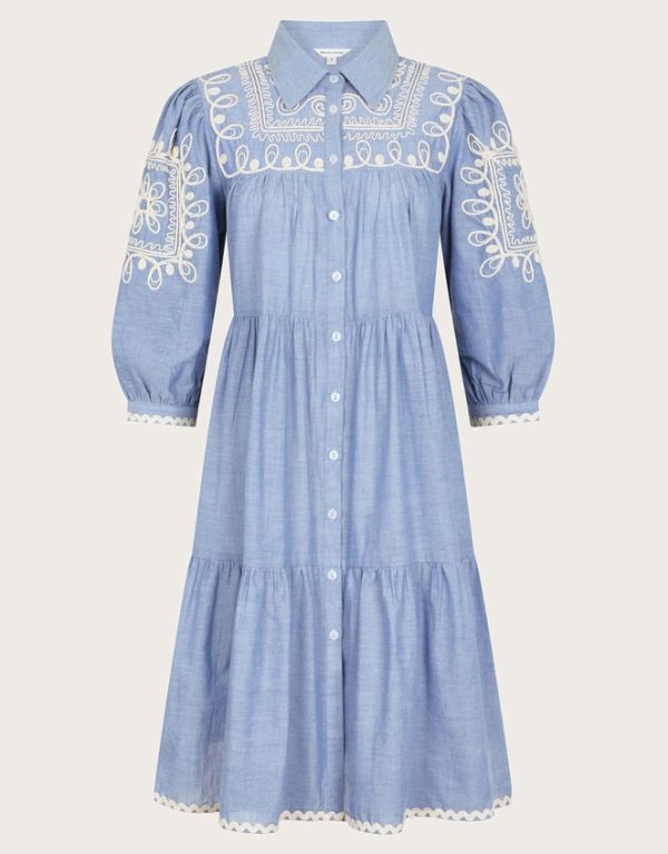 Monsoon Damia Embroidered Chambray Mini Shirt Dress Blue - Image 6