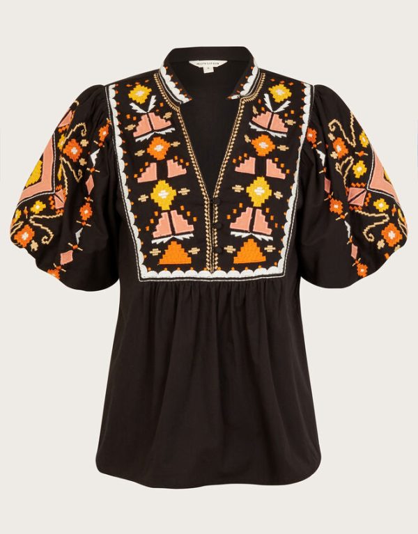 Monsoon Bernie Embroidered Puff Sleeve Blouse Black - Image 5