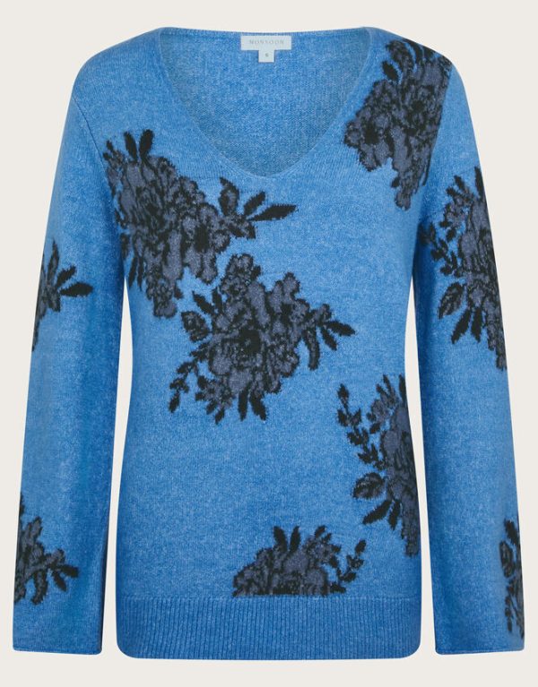 Monsoon Jess V-Neck Floral Jacquard Jumper Blue - Image 6