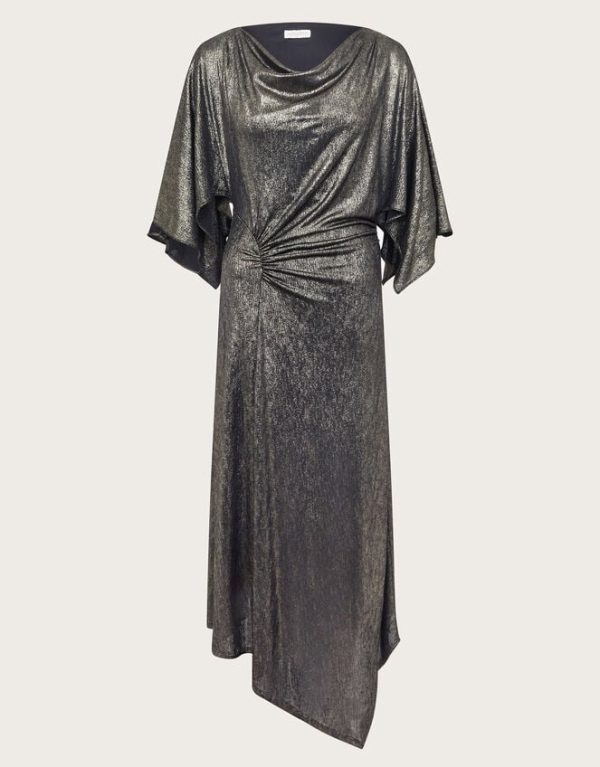 Monsoon Mila Drape Metallic Jersey Midi Dress Gold - Image 6