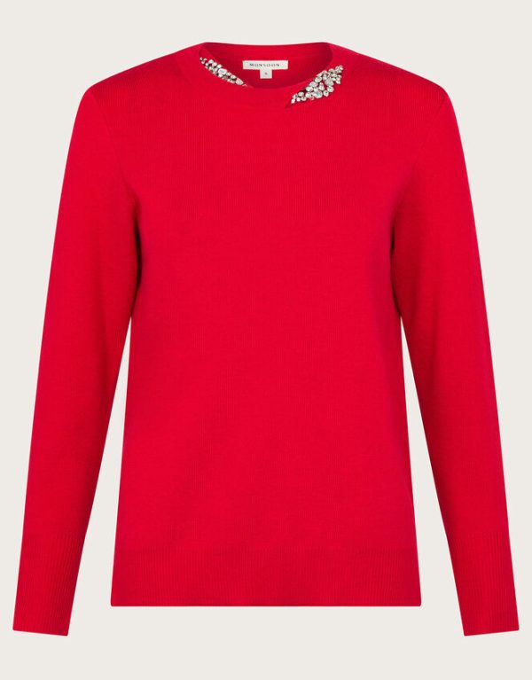 Monsoon Eva Embellished Neck Jumper Red - Image 5