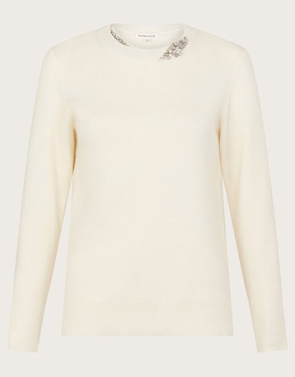 Monsoon Eva Embellished Neck Jumper Ivory - Image 6