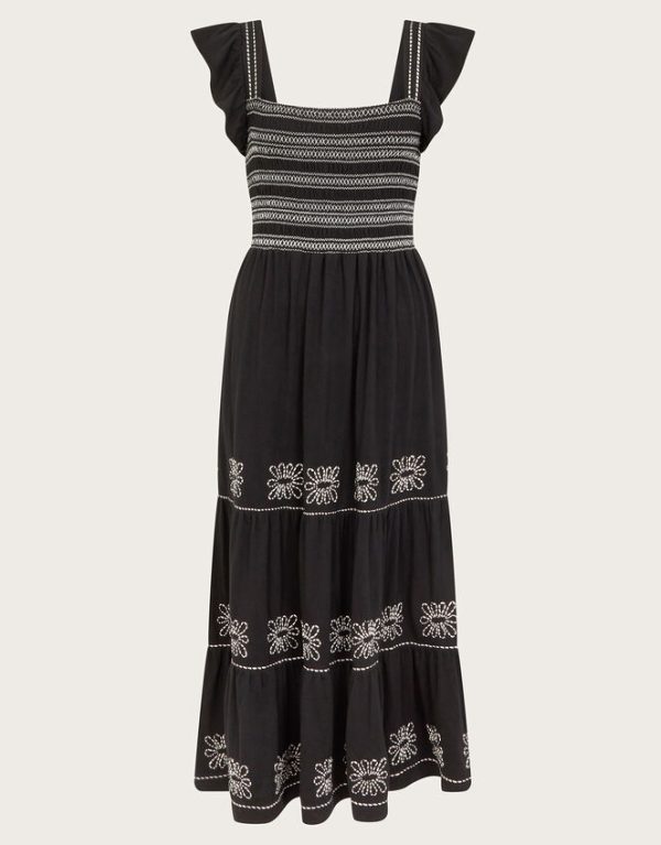 Monsoon Emi Square Neck Embroidered Midi Dress Black - Image 5