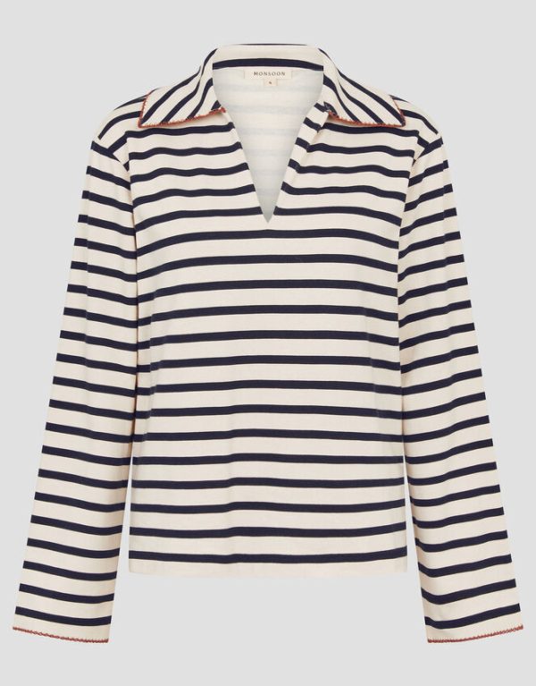 Monsoon Sami Stripe Long Sleeve Collar Top Ivory - Image 5