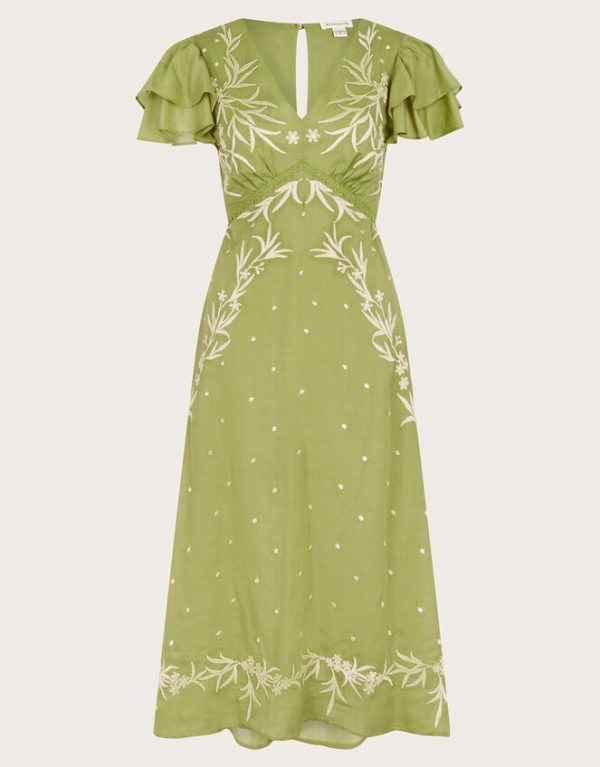 Monsoon Arabella V-Neck Embroidered Midi Dress Green - Image 5