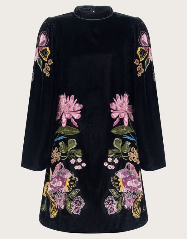 Monsoon Freya Embroidered Velvet Tunic Dress Black - Image 5