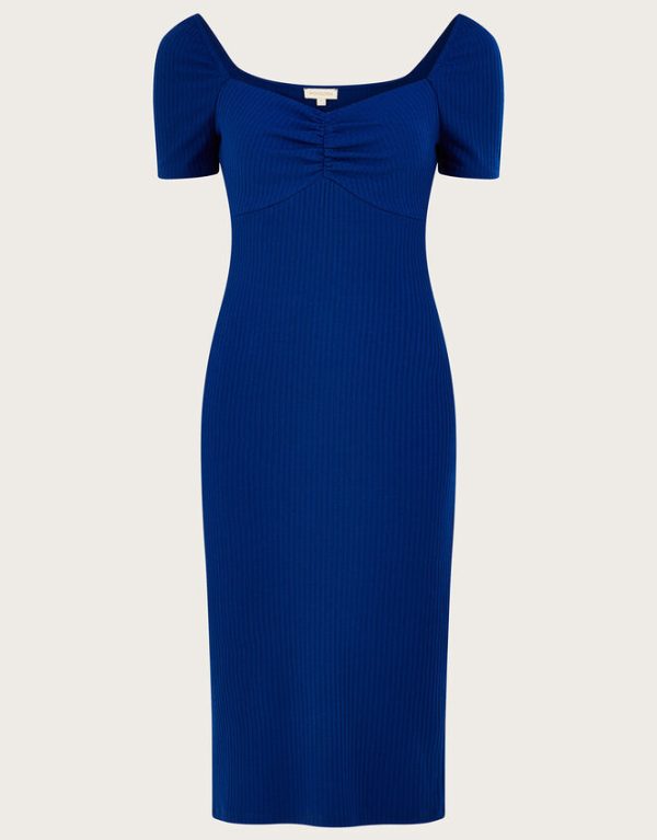 Monsoon Ribbed Sweetheart Midi Jersey Dress Blue - Image 4