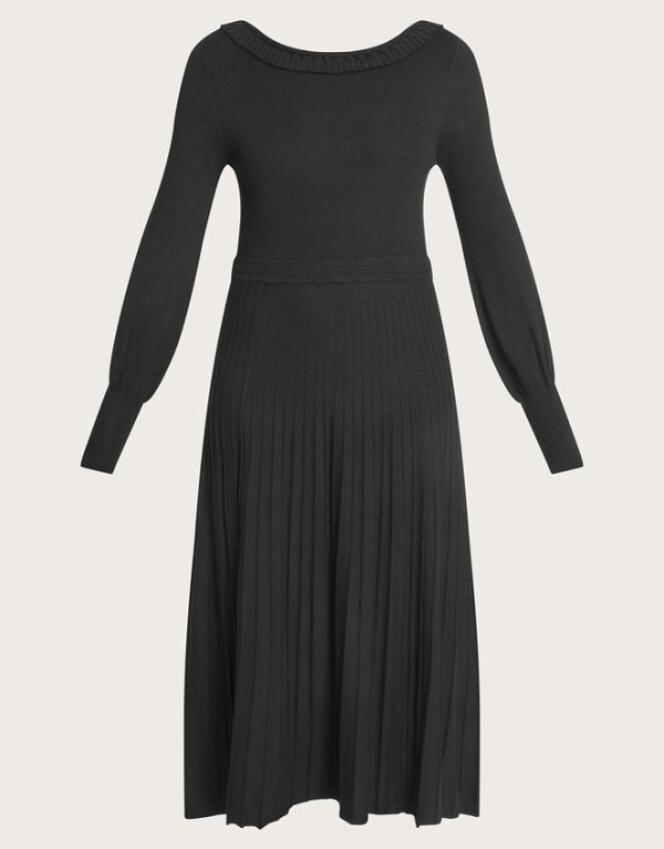 Monsoon Pleat Trim Slash Neck Midi Dress Black - Image 5