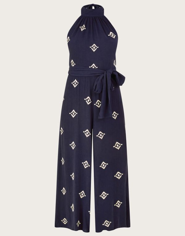 Monsoon Embroidered Motif Halter Neck Jumpsuit Blue - Image 5