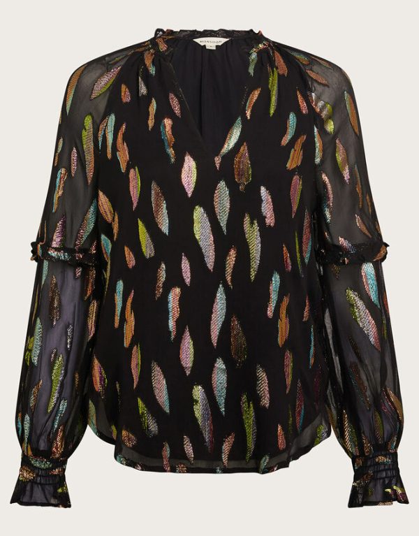 Monsoon Fenna Sheer Feather Print Shirt Black - Image 5