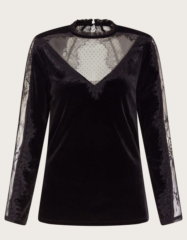 Monsoon Vanya Lacy Velvet Long Sleeve Top Black - Image 5