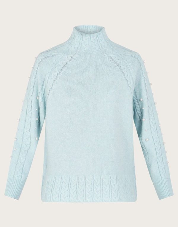 Monsoon Pearl High Neck Cable Knit Jumper Blue - Image 5