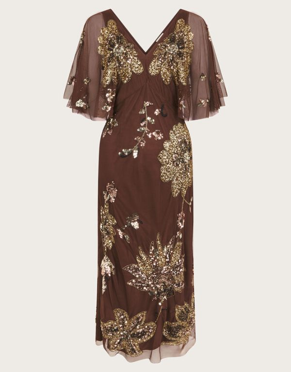 Monsoon Fia Floral Embellished Dress Brown - Image 6