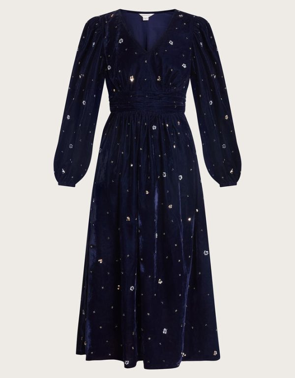 Monsoon Dakota Embellished Velvet Dress Blue - Image 5