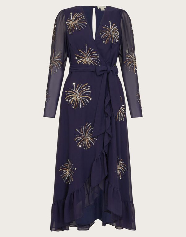 Monsoon Serena Embellished Wrap Dress Blue - Image 5