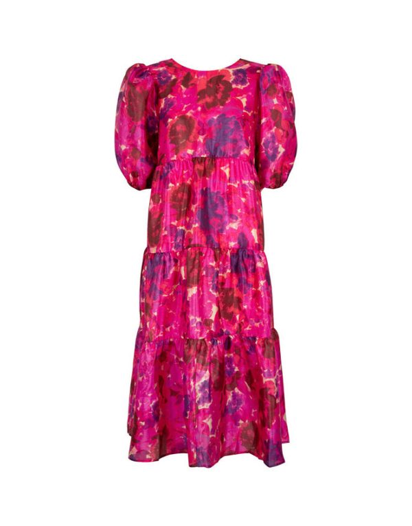 Monsoon Crās Puff Sleeve Floral Tiered Midi Dress Pink - Image 5