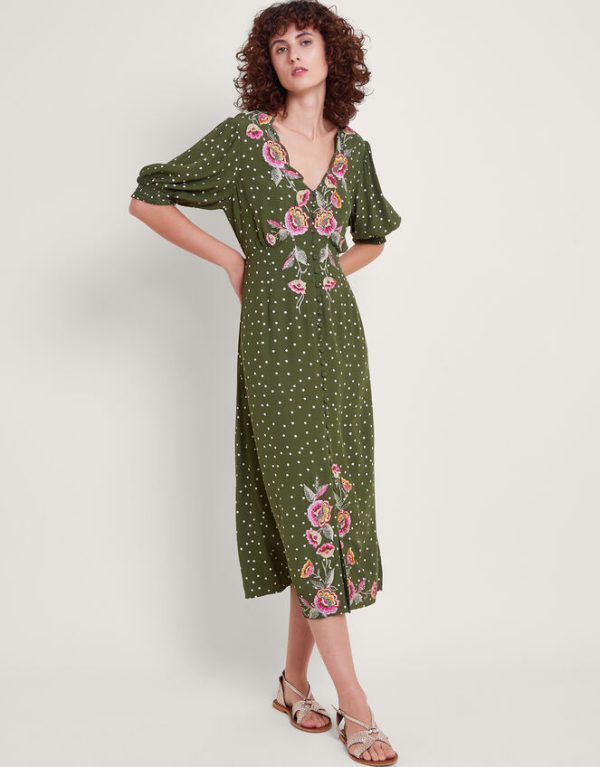 Monsoon Myla Embroidered Tea Dress Green