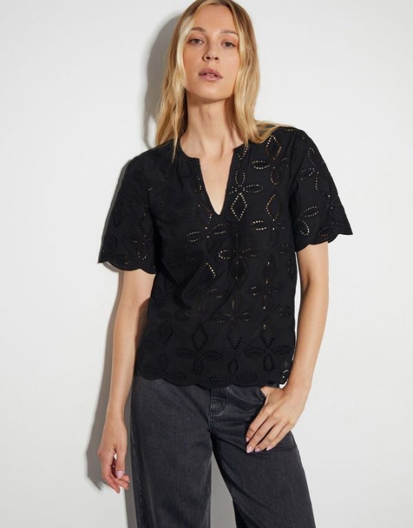 Monsoon Brooke Short Sleeve Broderie TopBlack