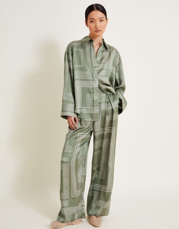 Monsoon Anica Print Wide Leg Trousers Green