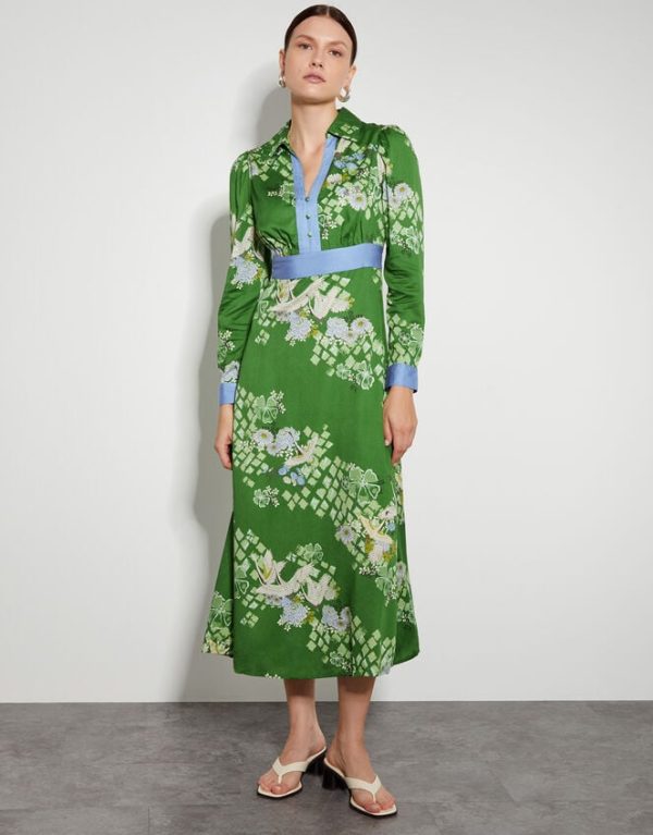 Monsoon Jennifer Long Sleeve Floral Print Midi Dress Green