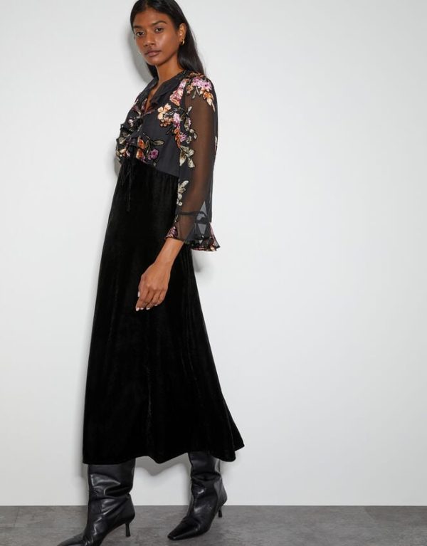 Monsoon Ariella Floral Devore Velvet Midi Dress Black