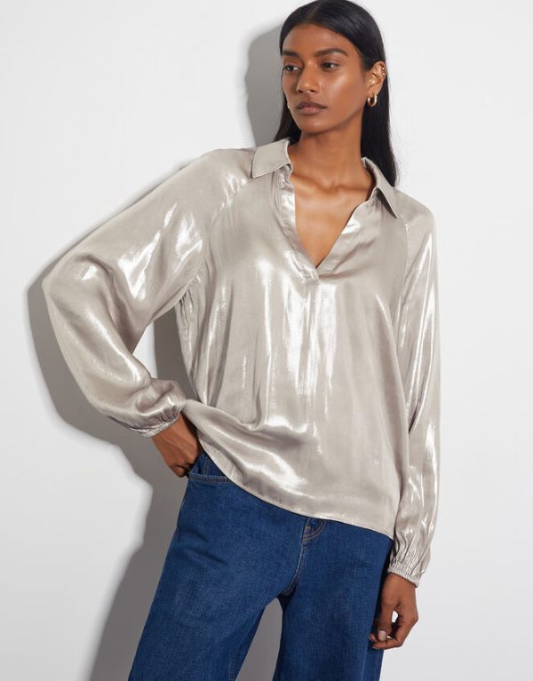 Monsoon Lillie Metallic Collar Blouse Natural