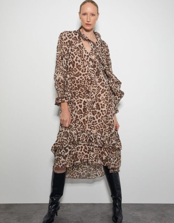 Monsoon Allegra Pussybow Leopard Print Midi Dress Brown