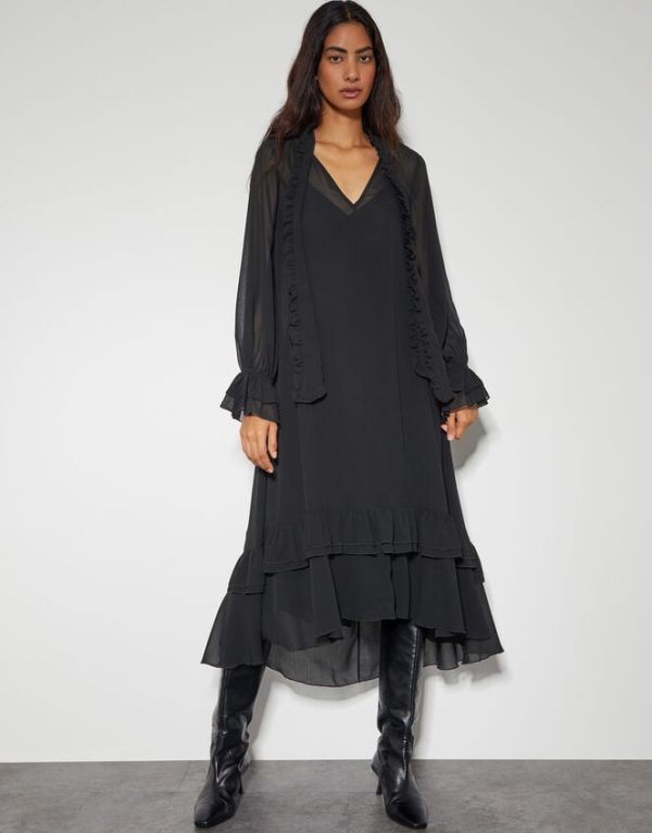 Monsoon Aurelia Long Sleeve Ruffle Midi Dress Black