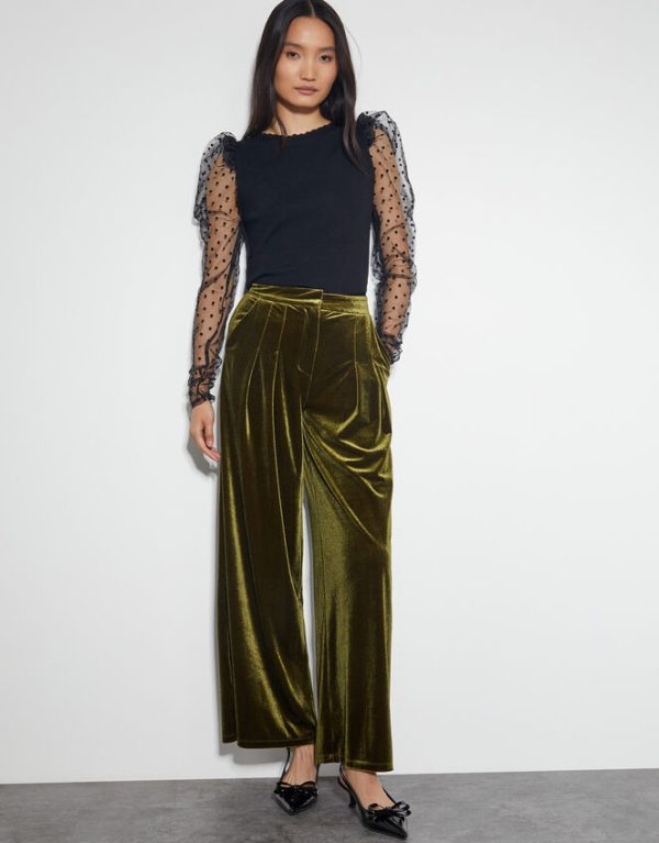 Monsoon Valery Wide Leg Velvet Trousers Green