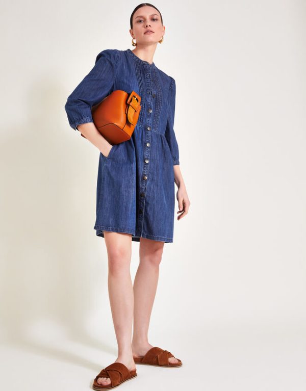 Monsoon Mae Pintuck Denim Dress Blue