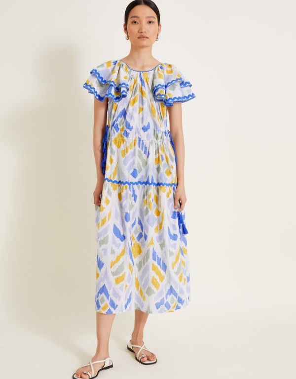 Monsoon Myla Geometric Print Ruffle Dress Blue