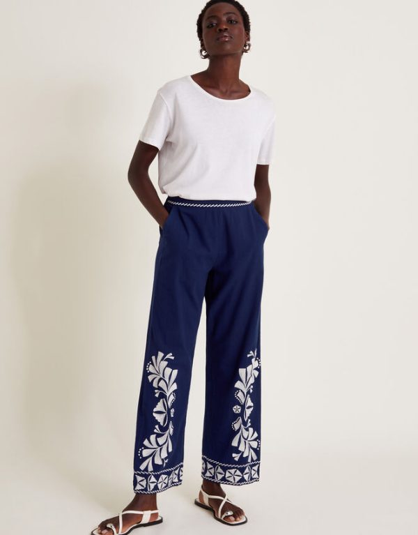 Monsoon Ola Embroidered Wide Leg Trousers Blue