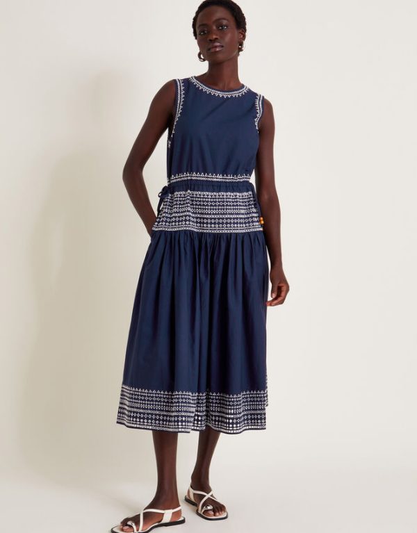 Monsoon Erin Sleeveless Broderie Midi Dress Blue