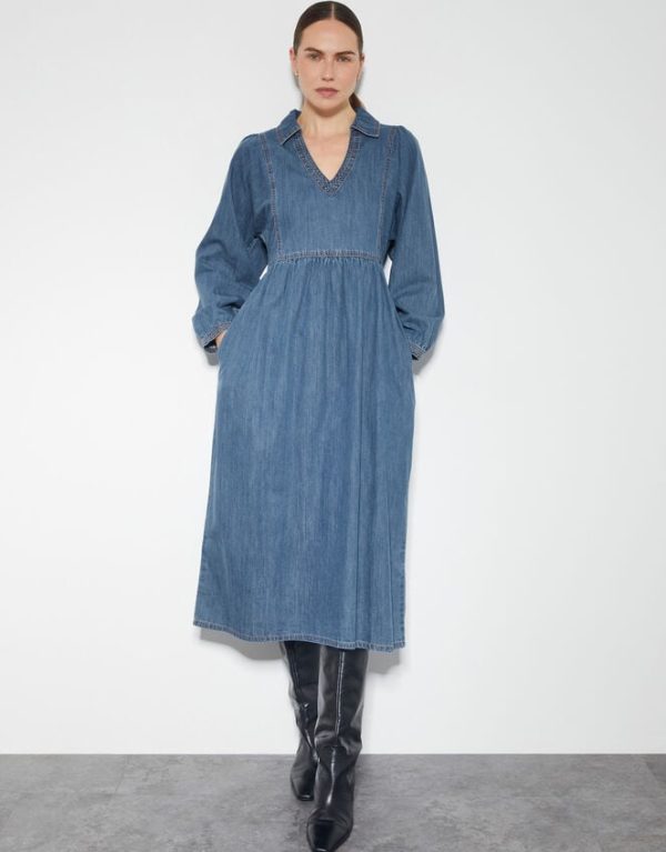 Monsoon Wilma Long Sleeve Denim Midi Dress Blue