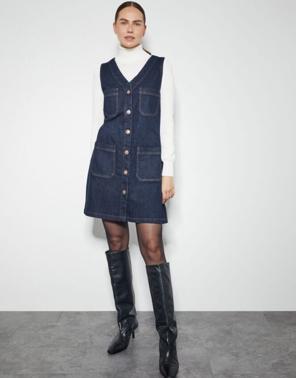 Monsoon Pia Denim Pinafore Mini Dress Blue