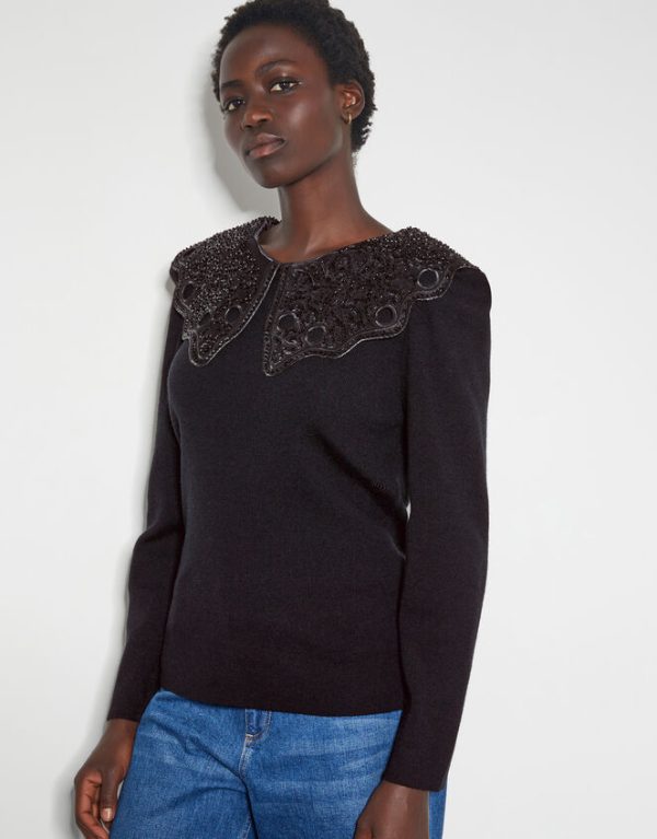 Monsoon Etta Oversized Beaded Collar Jumper Black