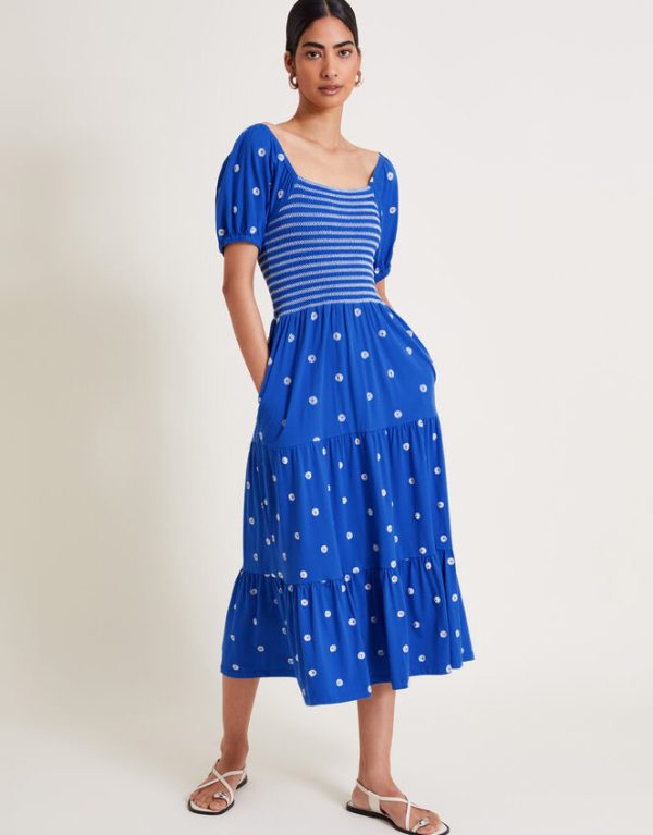 Monsoon Susie Shirred Embroidered Midi Dress Blue