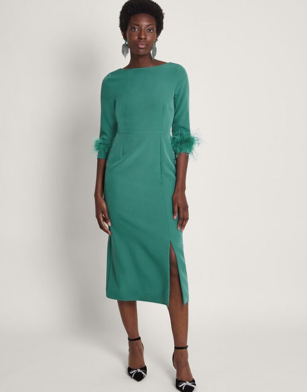 Monsoon Gwen Feather Cuff Midi Dress Green - Image 2