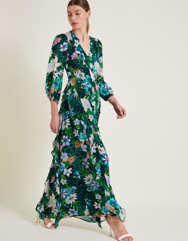 Monsoon Ani Floral Ruffle Dress Green