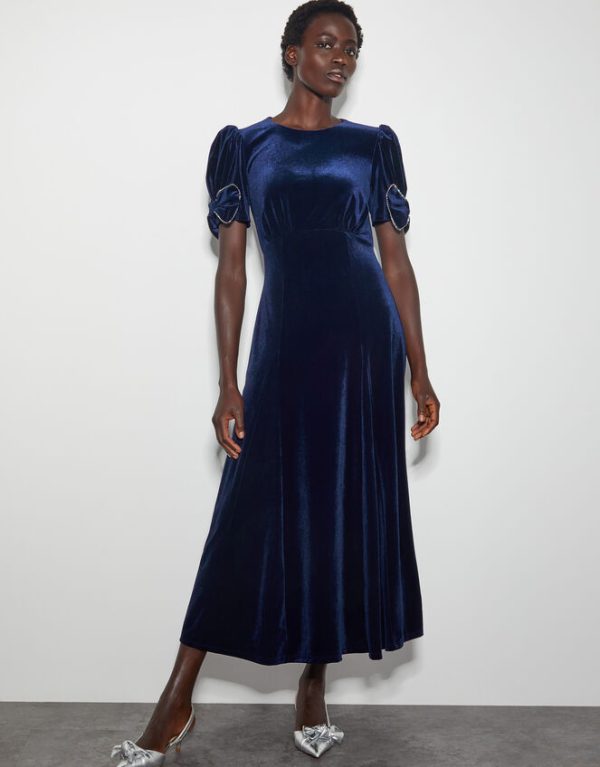 Monsoon Belle Bow Sleeve Velvet Midi Dress Blue