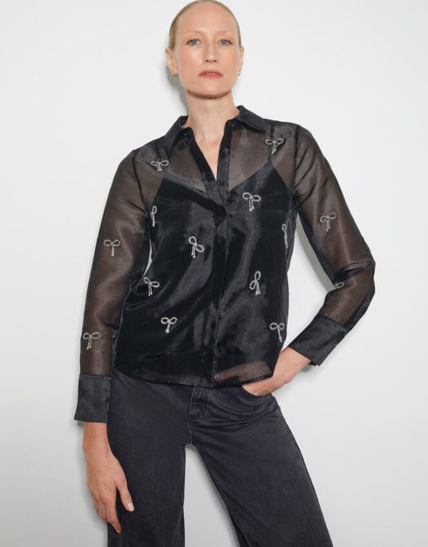 Monsoon Betty Bow Organza Blouse Black