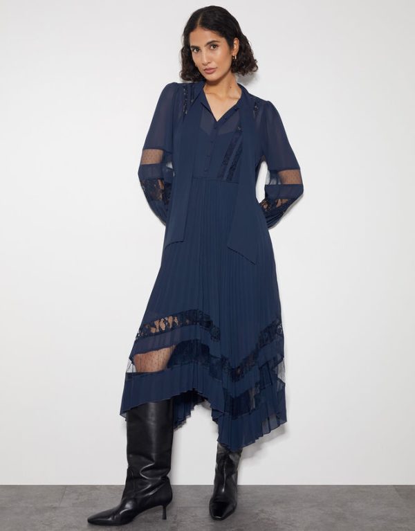 Monsoon Florence Lace Insert Pleated Midi Dress Blue