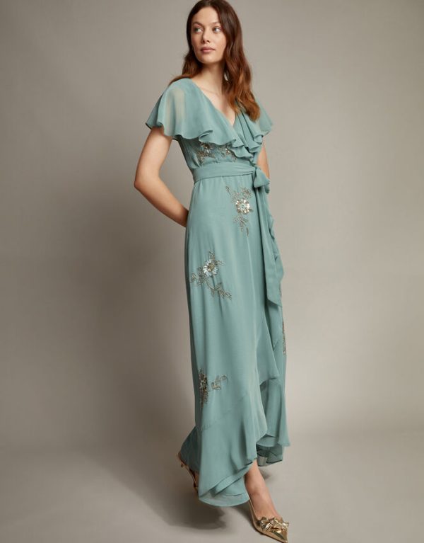 Monsoon Ausha Floral Embellished Maxi Wrap Dress Green