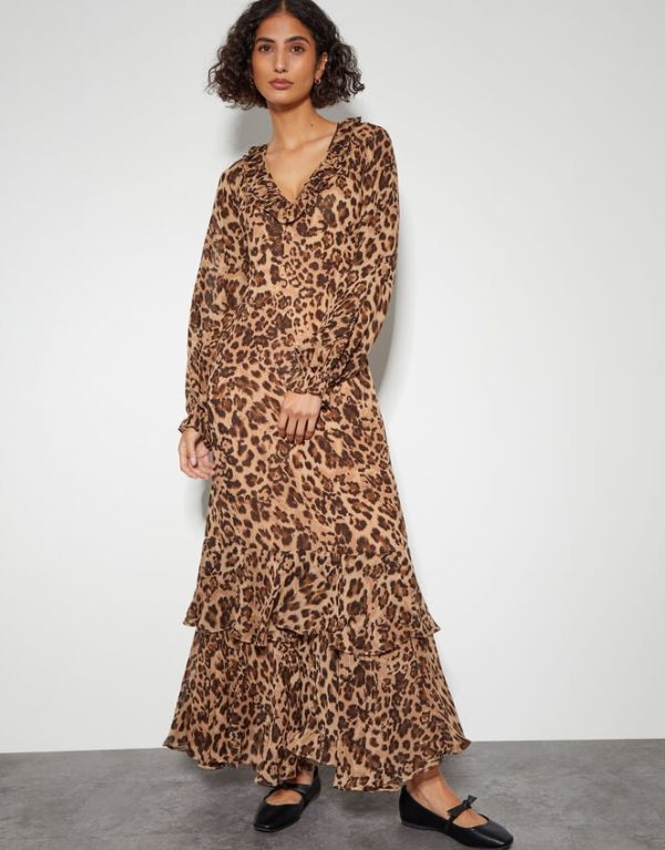 Monsoon Rowena Leopard Print Ruffle Dress Brown