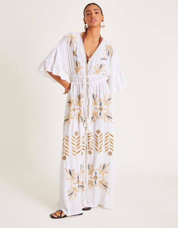 Monsoon Jasmine Embroidered Kaftan Maxi Dress White