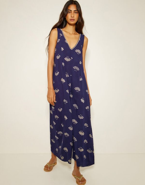 Monsoon Briana Fan Print Wide Leg Jumpsuit Blue