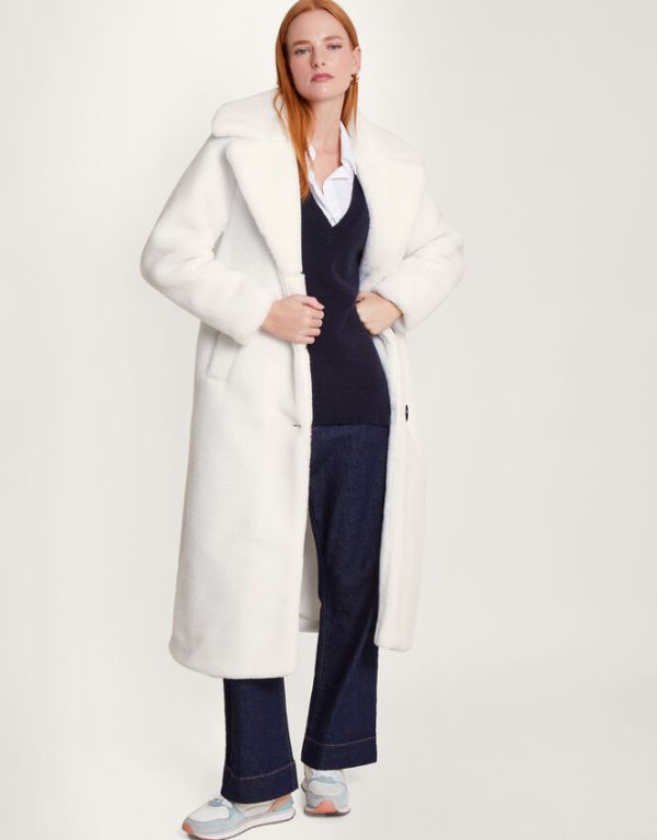 Monsoon Trinity Long Teddy Coat Ivory